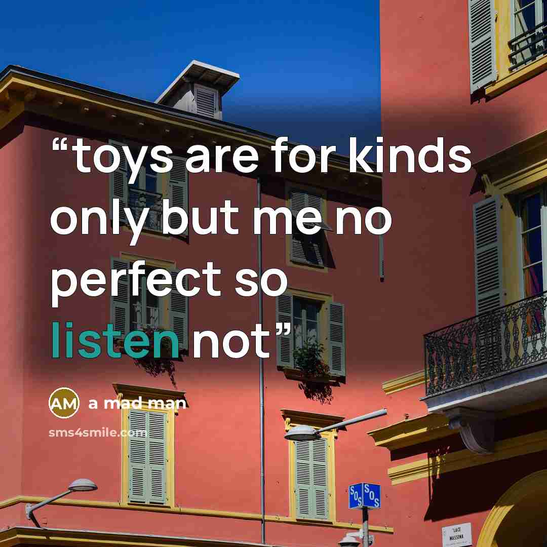“toys are for kinds only but me no perfect so listen not” quote by a mad man