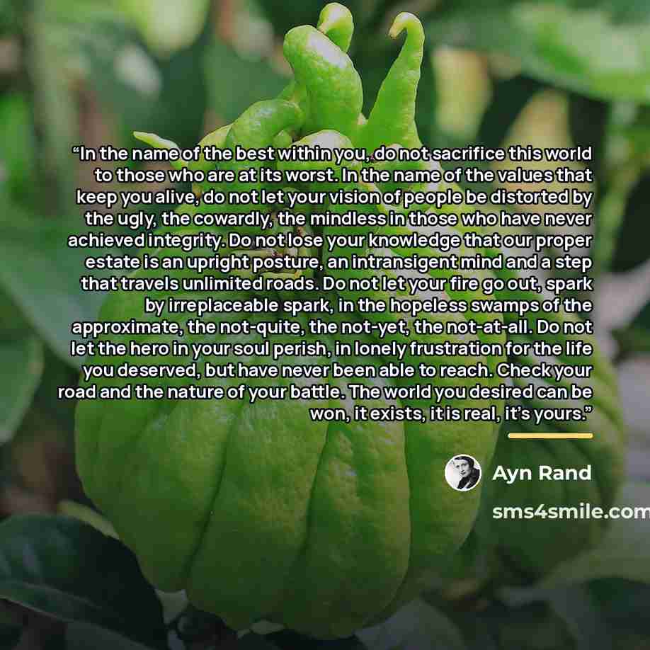 “In the name of the best within you, do not sacrifice this world to those who are at its worst. In the name of the values that keep you alive, do not let your vision of people be distorted by the ugly, the cowardly, the mindless in those who have never achieved integrity. Do not lose your knowledge…” quote by Ayn Rand