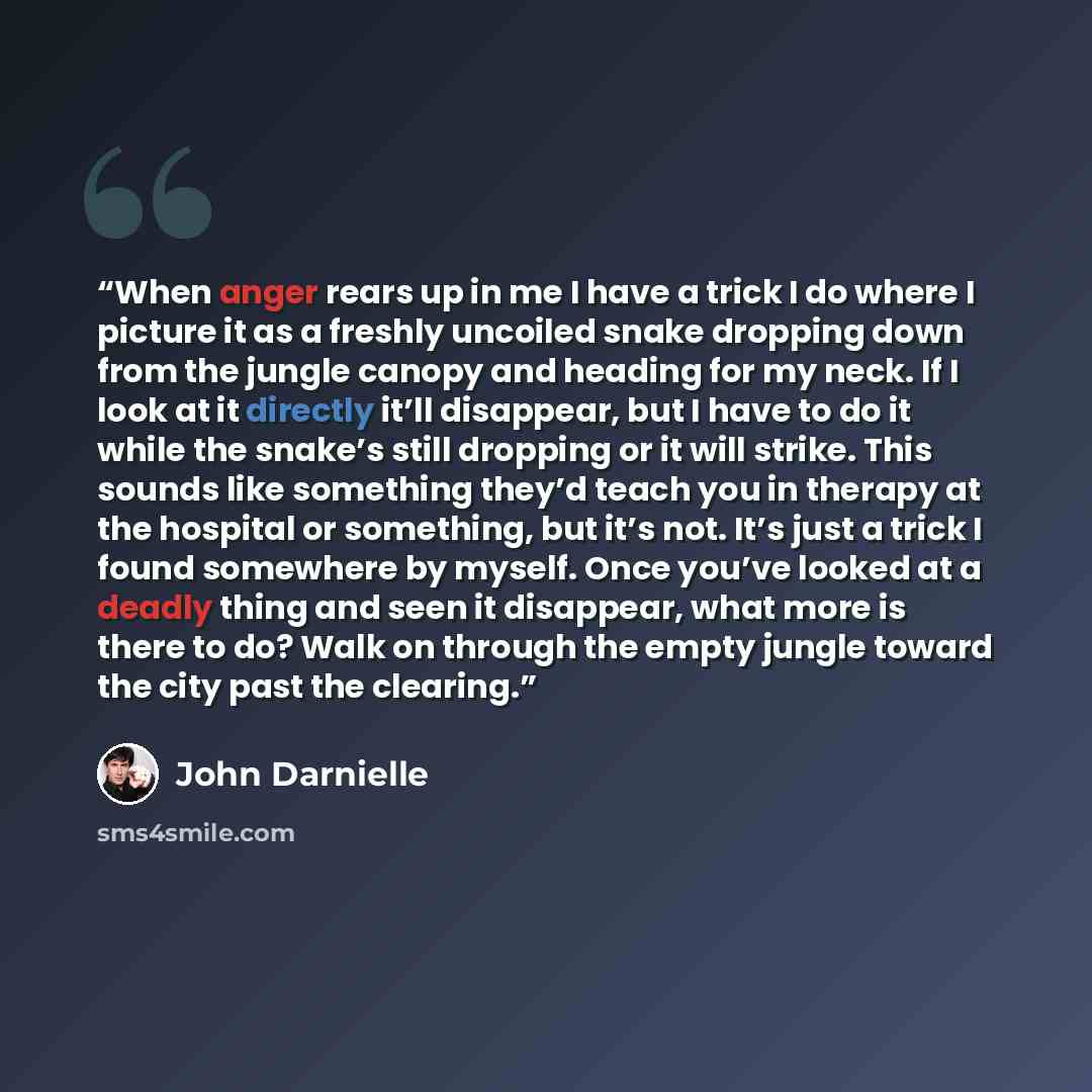“When anger rears up in me I have a trick I do where I picture it as a freshly uncoiled snake dropping down from the jungle canopy and heading for my neck. If I look at it directly it’ll disappear, but I have to do it while the snake’s still dropping or it will strike. This sounds like something…” quote by John Darnielle