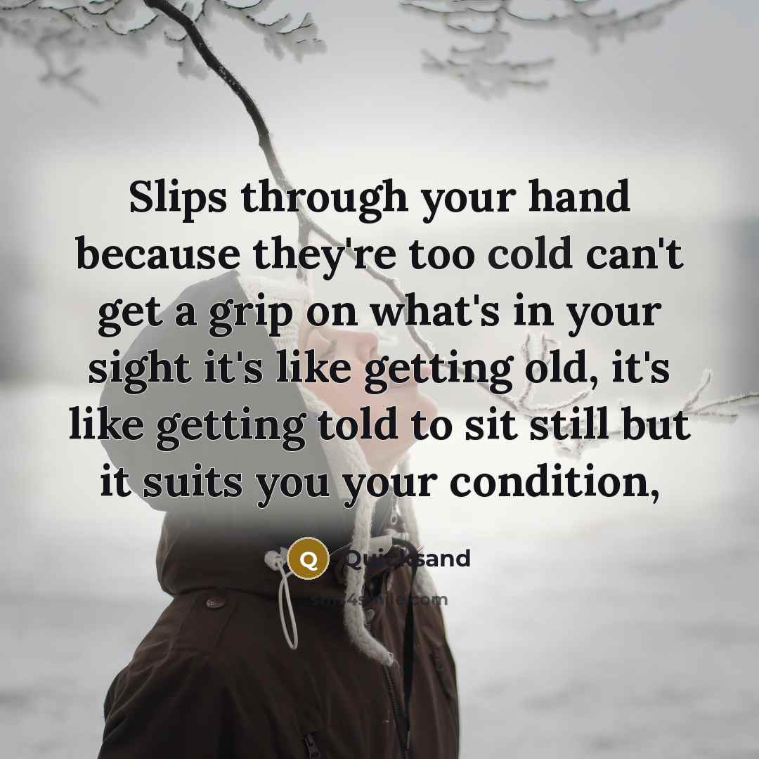 “Slips through your hand because they're too cold can't get a grip on what's in your sight it's like getting old, it's like getting told to sit still but it suits you your condition,” quote by Quicksand