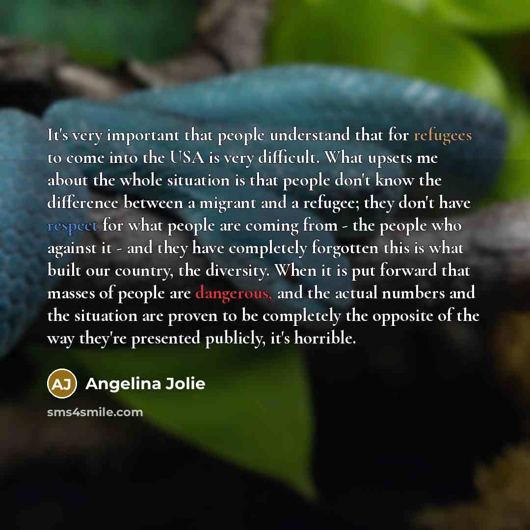 “It's very important that people understand that for refugees to come into the USA is very difficult. What upsets me about the whole situation is that people don't know the difference between a migrant and a refugee; they don't have respect for what people are coming from - the people who against…” quote by Angelina Jolie