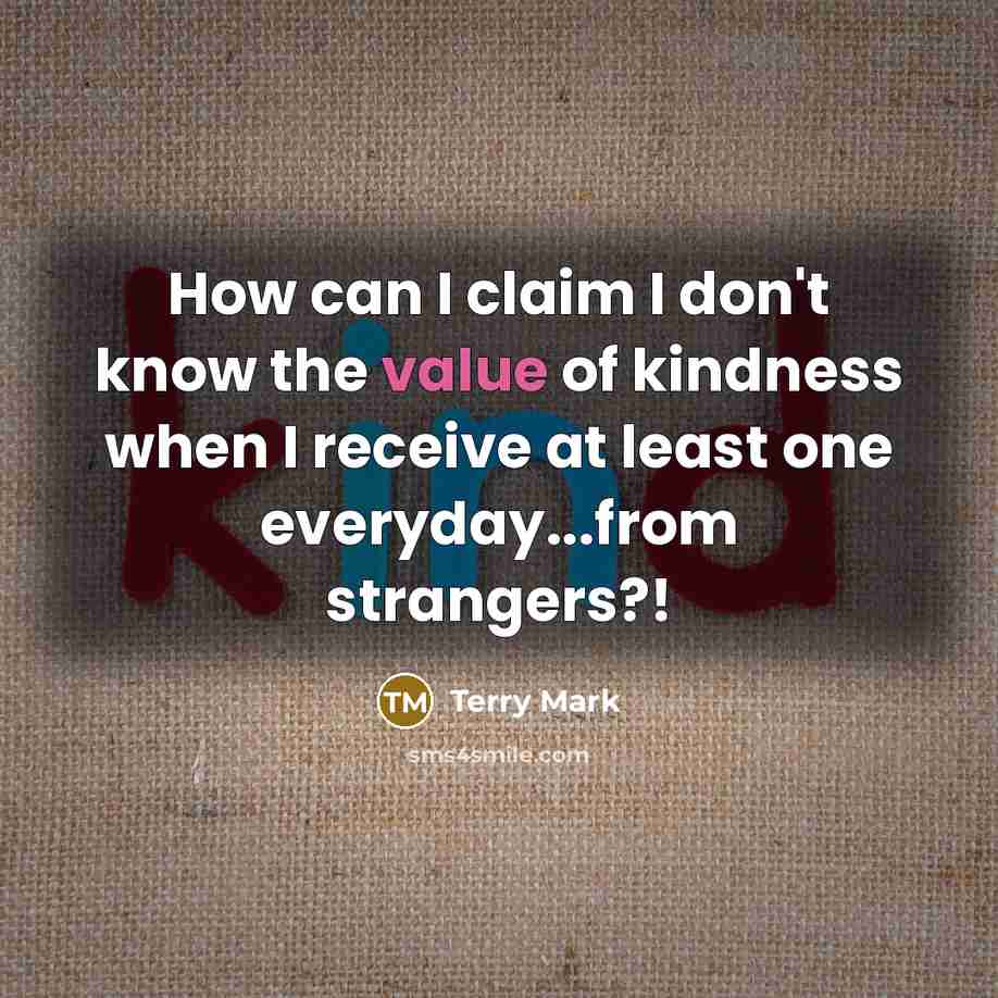“How can I claim I don't know the value of kindness when I receive at least one everyday...from strangers?!” quote by Terry Mark