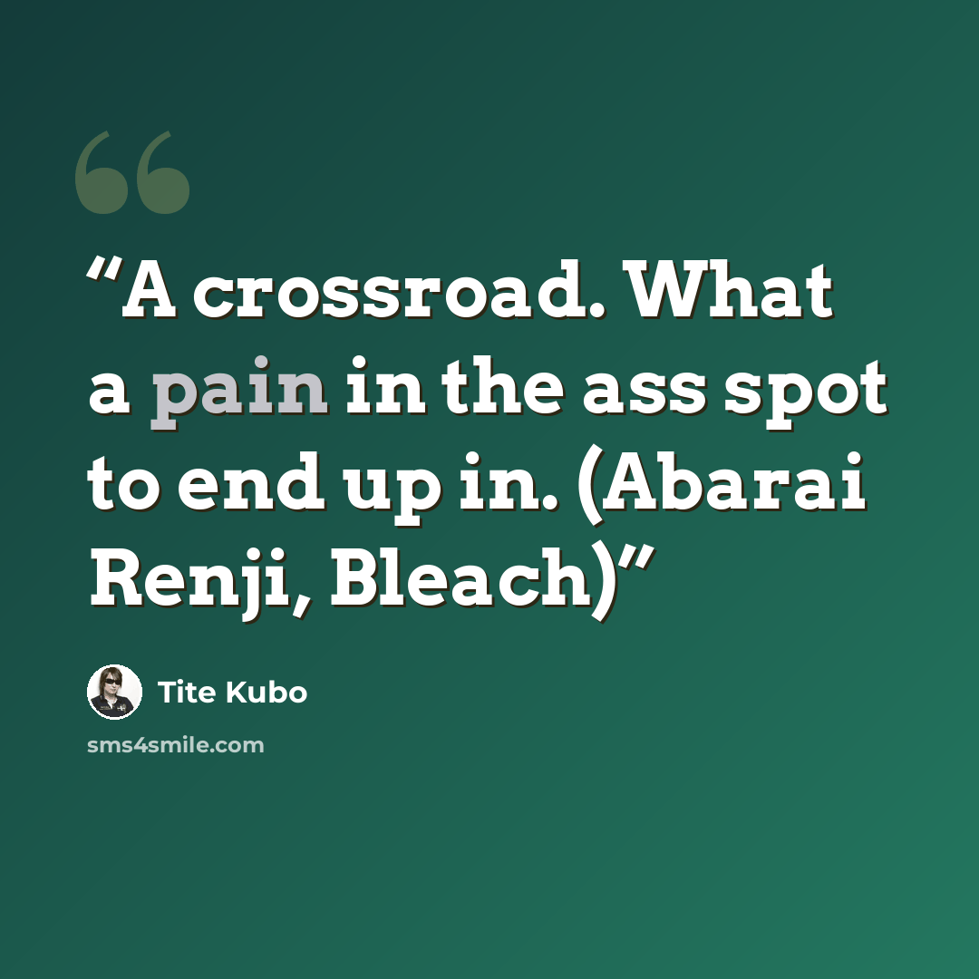 “A crossroad. What a pain in the ass spot to end up in. (Abarai Renji, Bleach)” quote by Tite Kubo