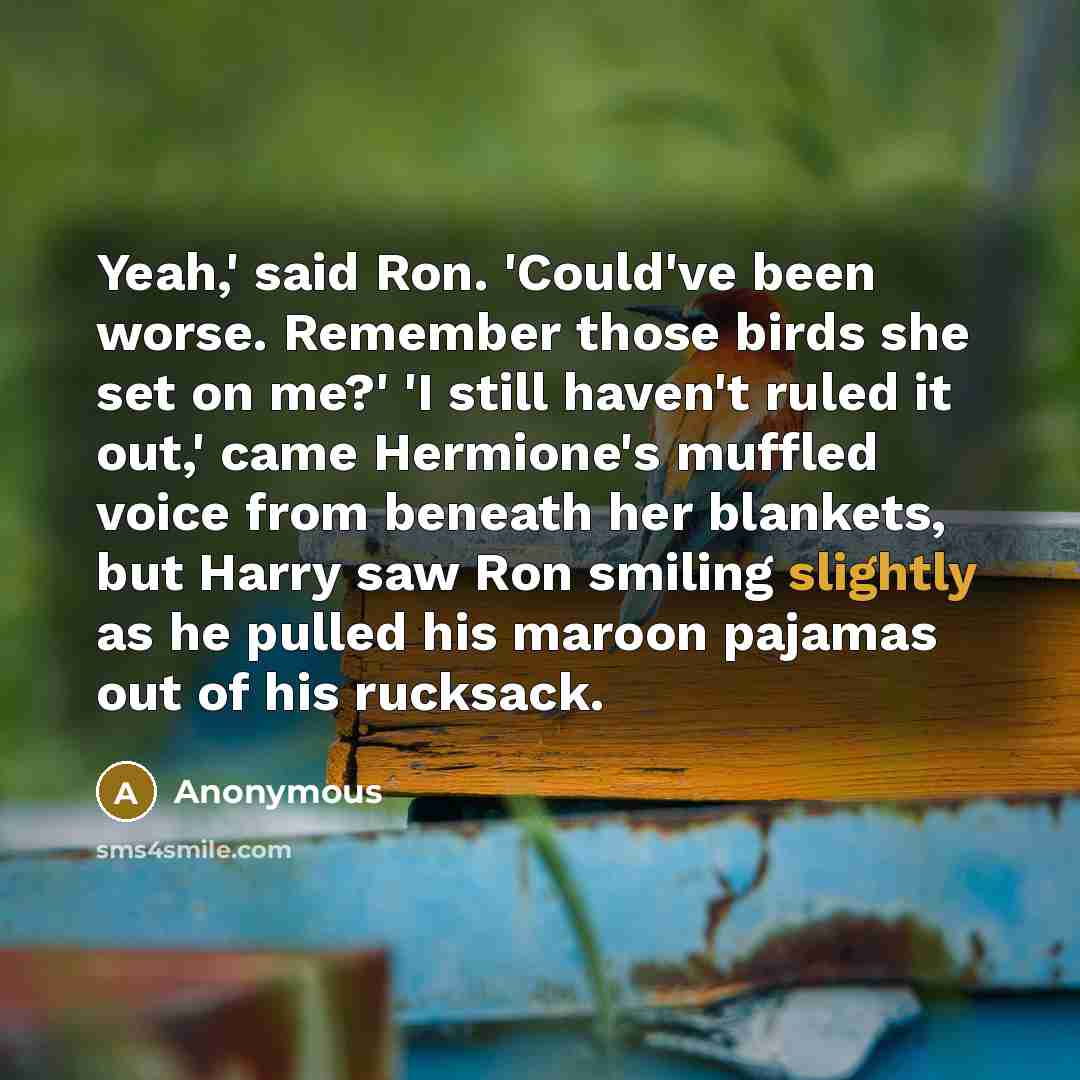 “Yeah,' said Ron. 'Could've been worse. Remember those birds she set on me?' 'I still haven't ruled it out,' came Hermione's muffled voice from beneath her blankets, but Harry saw Ron smiling slightly as he pulled his maroon pajamas out of his rucksack.” quote by Anonymous