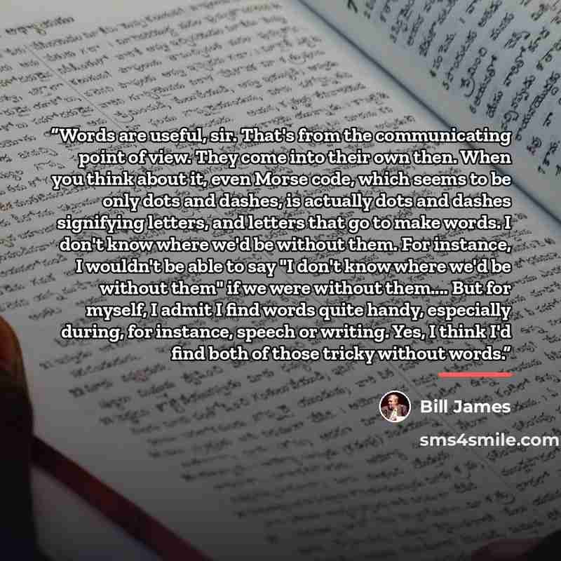 “Words are useful, sir. That's from the communicating point of view. They come into their own then. When you think about it, even Morse code, which seems to be only dots and dashes, is actually dots and dashes signifying letters, and letters that go to make words. I don't know where we'd be without…” quote by Bill James