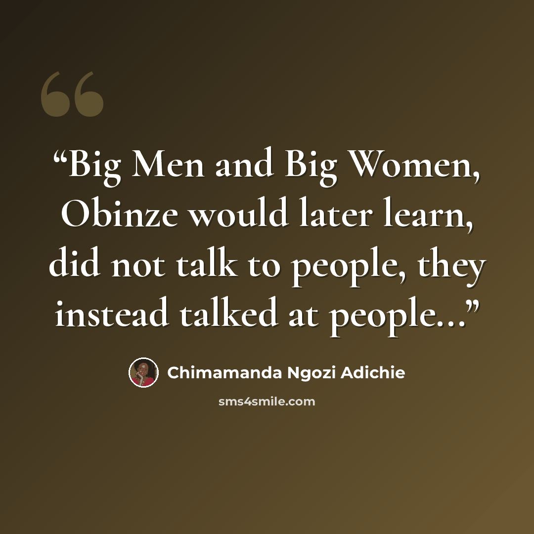 “Big Men and Big Women, Obinze would later learn, did not talk to people, they instead talked at people...” quote by Chimamanda Ngozi Adichie