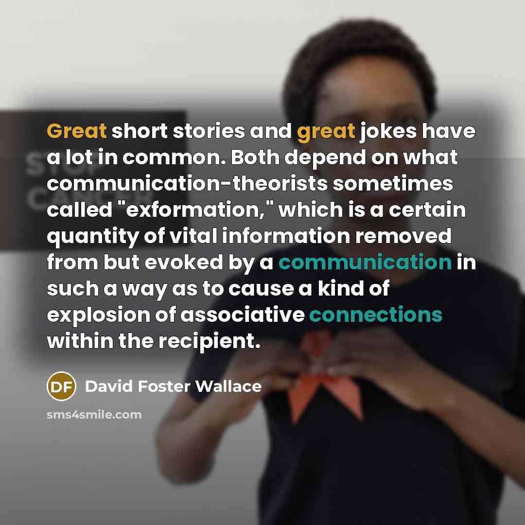 “Great short stories and great jokes have a lot in common. Both depend on what communication-theorists sometimes called "exformation," which is a certain quantity of vital information removed from but evoked by a communication in such a way as to cause a kind of explosion of associative connections…” quote by David Foster Wallace