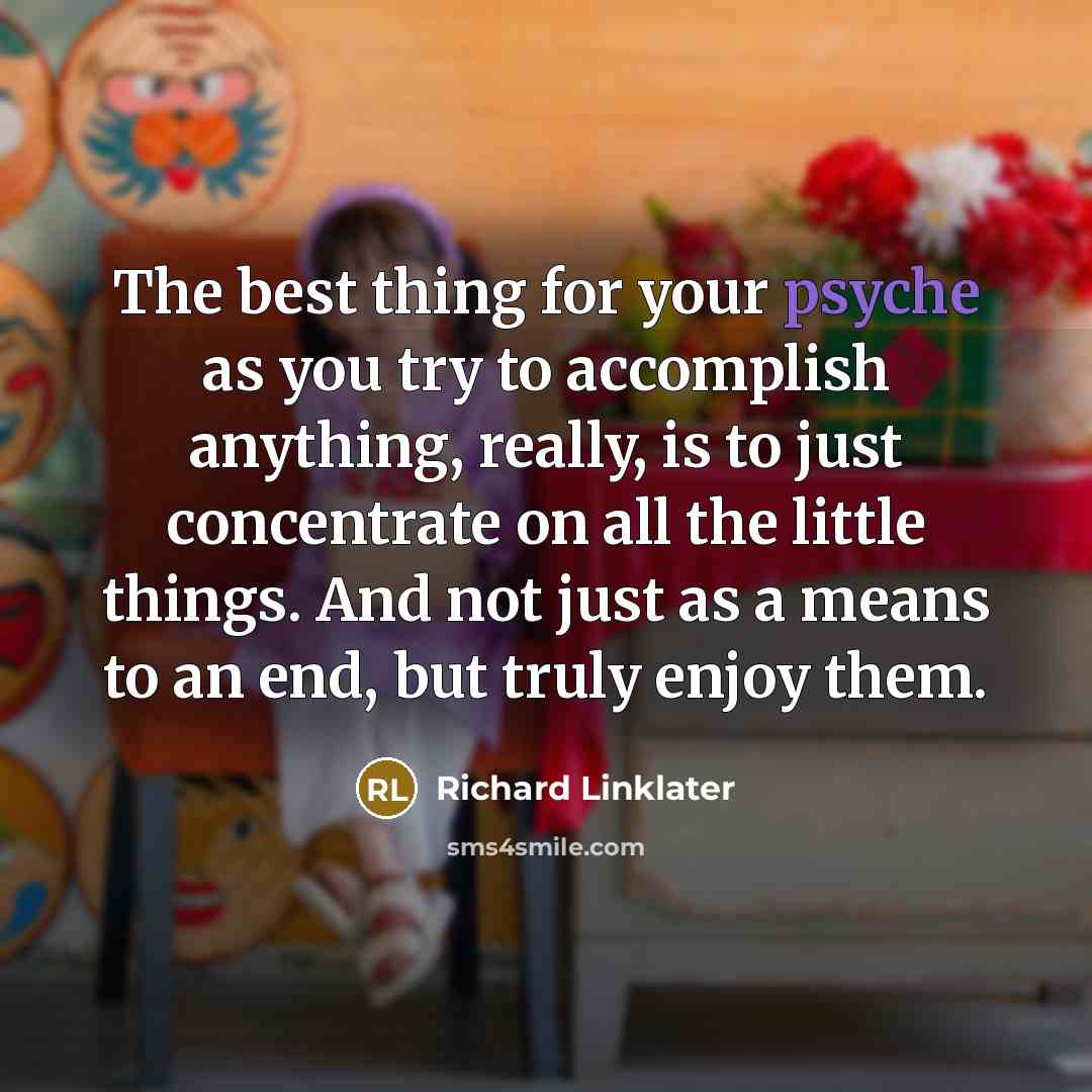 “The best thing for your psyche as you try to accomplish anything, really, is to just concentrate on all the little things. And not just as a means to an end, but truly enjoy them.” quote by Richard Linklater