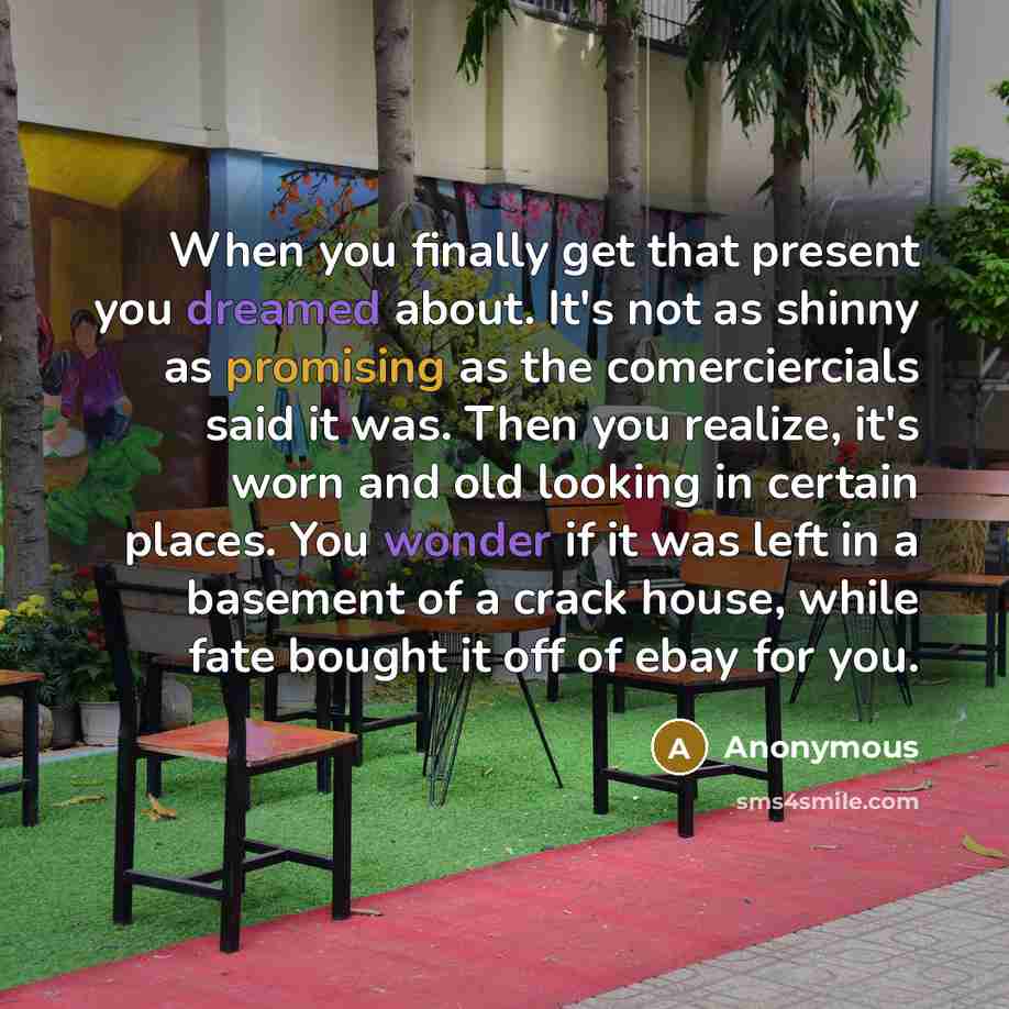 “When you finally get that present you dreamed about. It's not as shinny as promising as the comerciercials said it was. Then you realize, it's worn and old looking in certain places. You wonder if it was left in a basement of a crack house, while fate bought it off of ebay for you.” quote by Anonymous