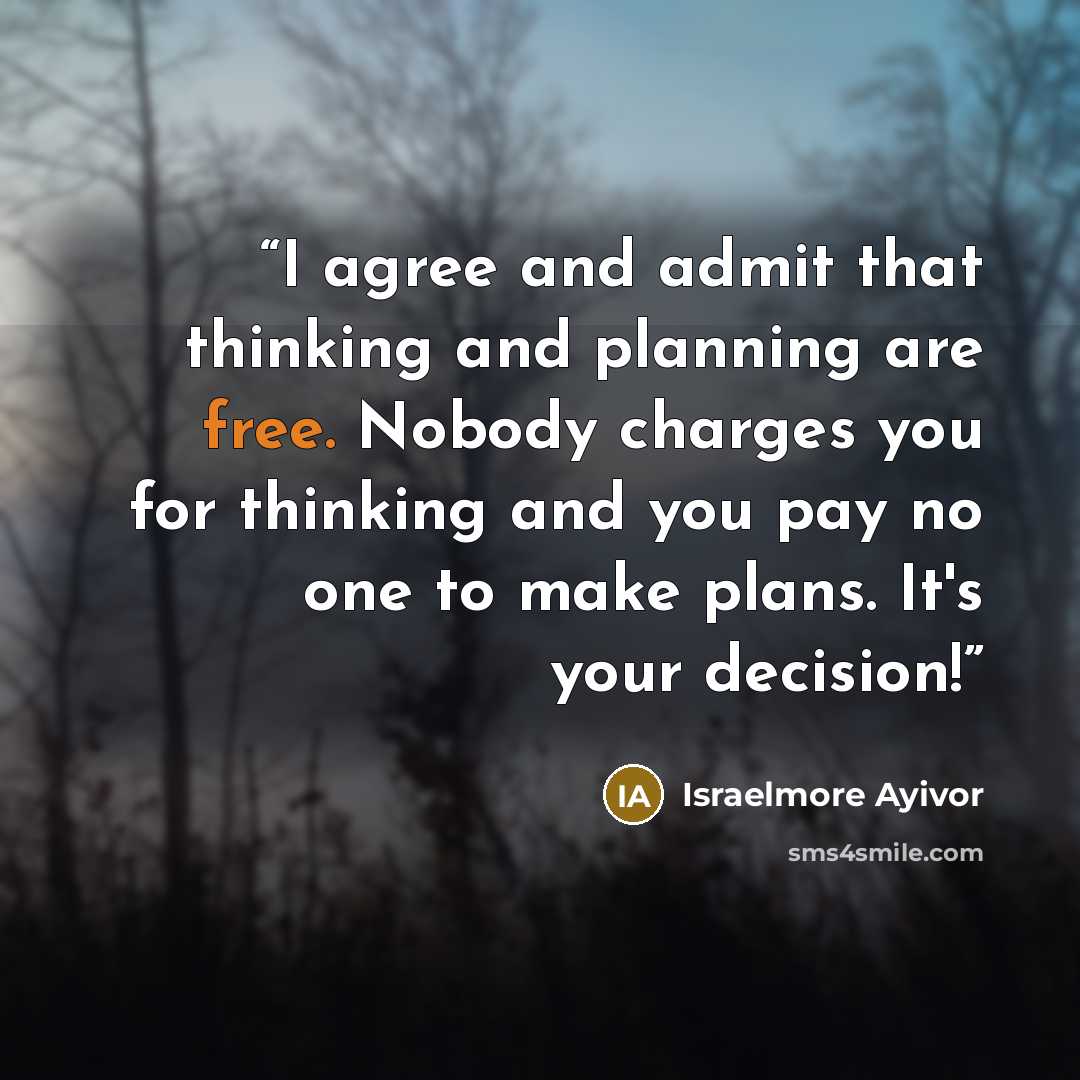 “I agree and admit that thinking and planning are free. Nobody charges you for thinking and you pay no one to make plans. It's your decision!” quote by Israelmore Ayivor