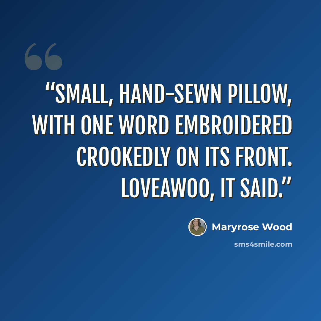 “small, hand-sewn pillow, with one word embroidered crookedly on its front. Loveawoo, it said.” quote by Maryrose Wood