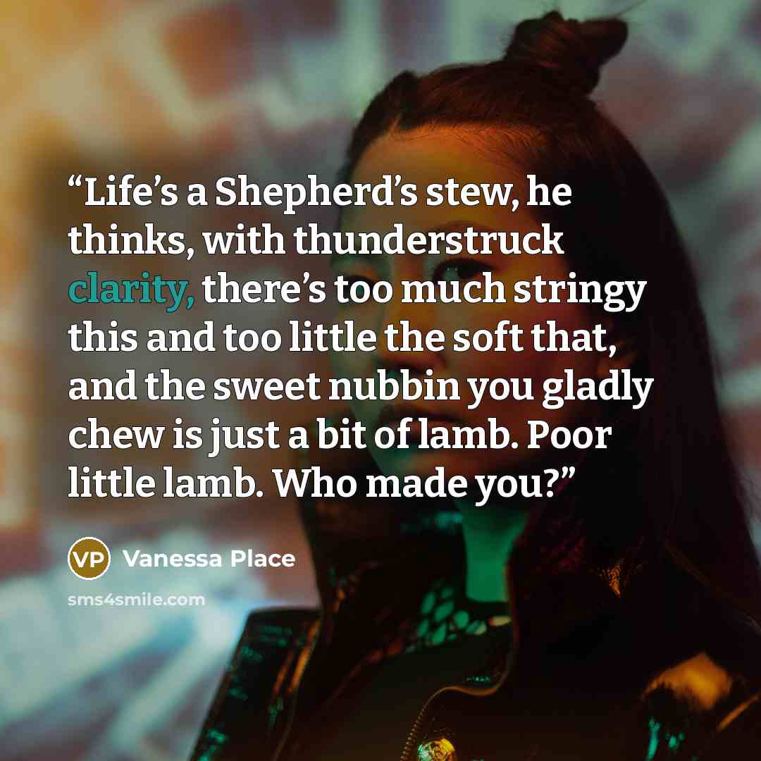 “Life’s a Shepherd’s stew, he thinks, with thunderstruck clarity, there’s too much stringy this and too little the soft that, and the sweet nubbin you gladly chew is just a bit of lamb. Poor little lamb. Who made you?” quote by Vanessa Place