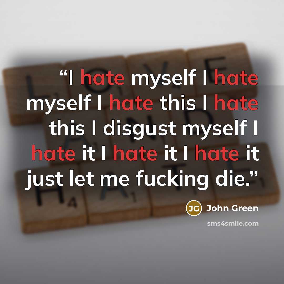 “I hate myself I hate myself I hate this I hate this I disgust myself I hate it I hate it I hate it just let me fucking die.” quote by John Green