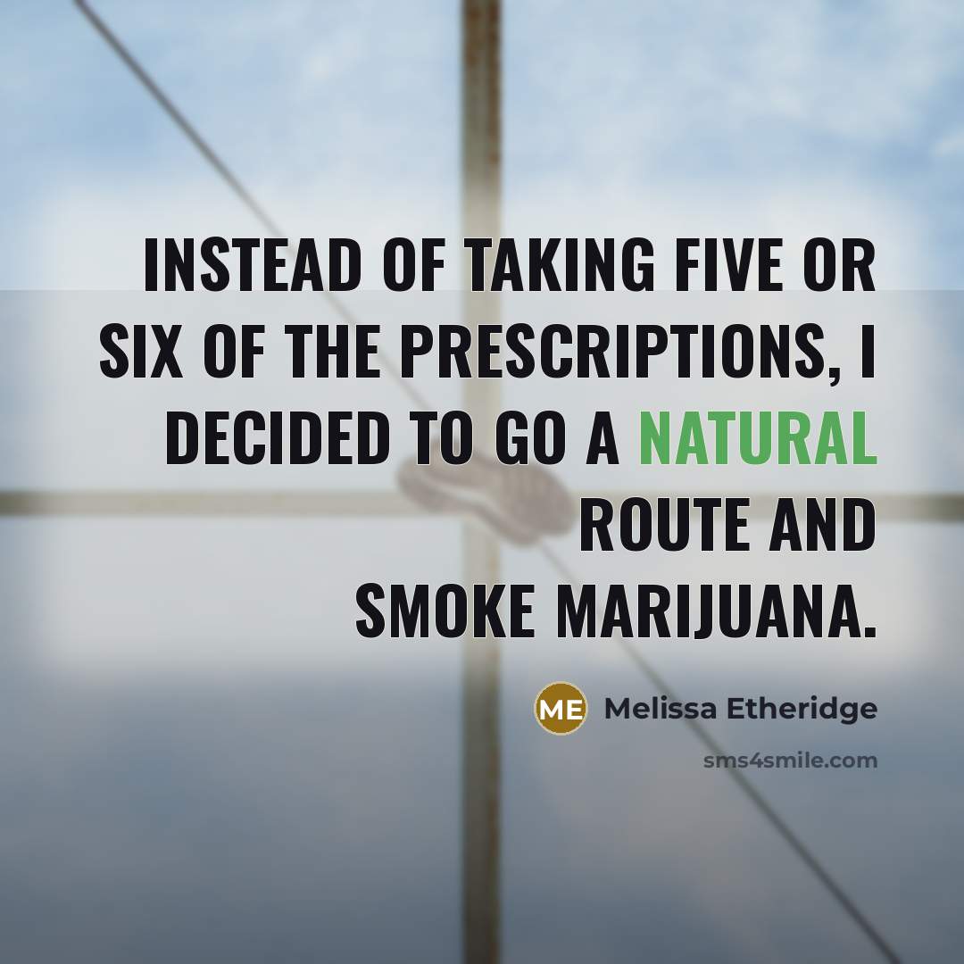 “Instead of taking five or six of the prescriptions, I decided to go a natural route and smoke marijuana.” quote by Melissa Etheridge