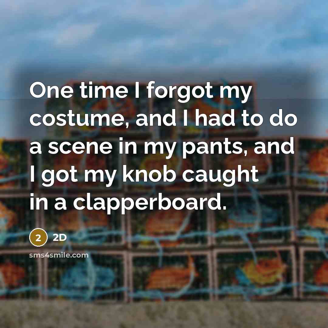 “One time I forgot my costume, and I had to do a scene in my pants, and I got my knob caught in a clapperboard.” quote by 2D