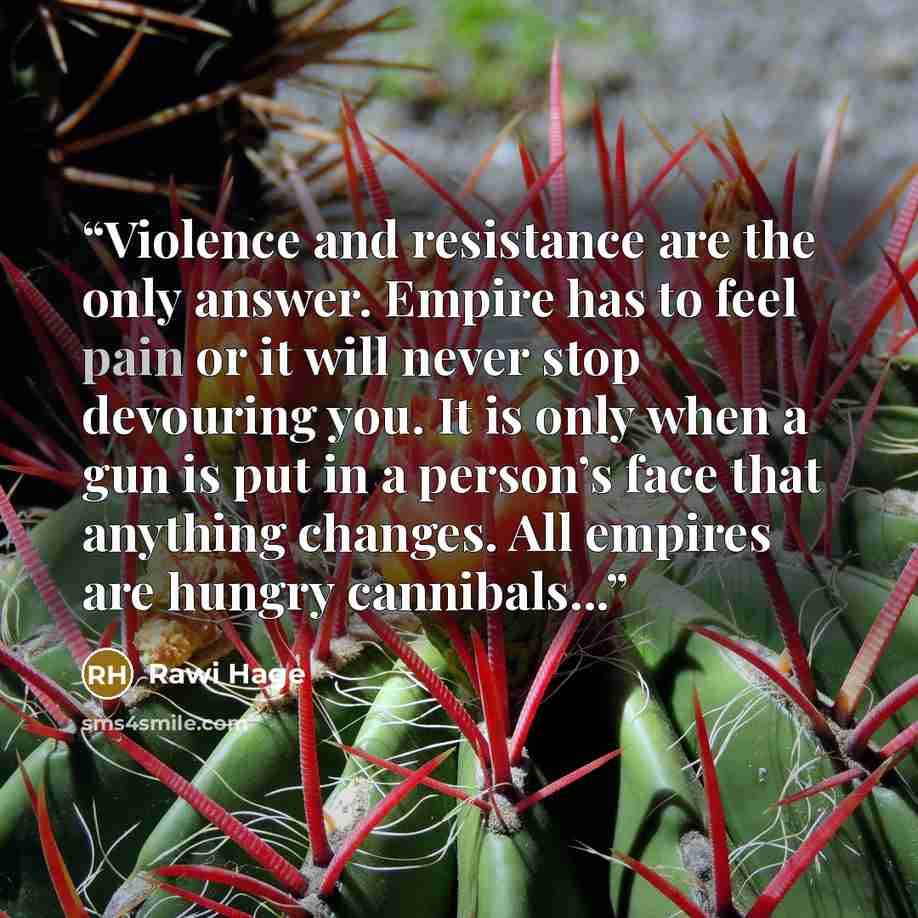 “Violence and resistance are the only answer. Empire has to feel pain or it will never stop devouring you. It is only when a gun is put in a person’s face that anything changes. All empires are hungry cannibals...” quote by Rawi Hage