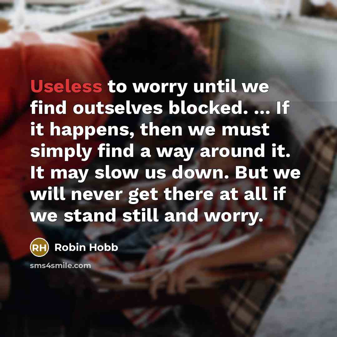 “Useless to worry until we find outselves blocked. ... If it happens, then we must simply find a way around it. It may slow us down. But we will never get there at all if we stand still and worry.” quote by Robin Hobb