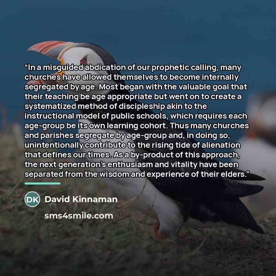 “In a misguided abdication of our prophetic calling, many churches have allowed themselves to become internally segregated by age. Most began with the valuable goal that their teaching be age appropriate but went on to create a systematized method of discipleship akin to the instructional model of…” quote by David Kinnaman