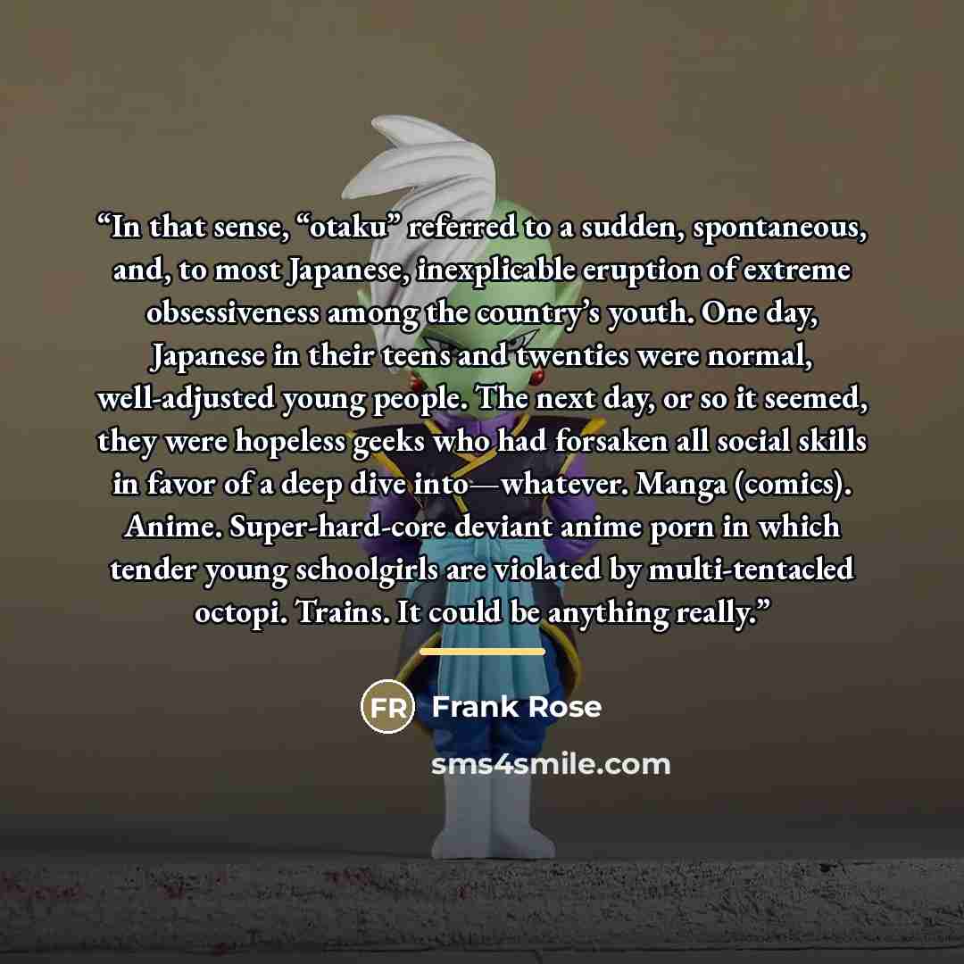 “In that sense, “otaku” referred to a sudden, spontaneous, and, to most Japanese, inexplicable eruption of extreme obsessiveness among the country’s youth. One day, Japanese in their teens and twenties were normal, well-adjusted young people. The next day, or so it seemed, they were hopeless geeks…” quote by Frank Rose