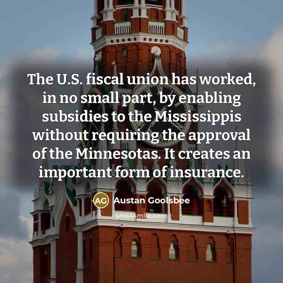 “The U.S. fiscal union has worked, in no small part, by enabling subsidies to the Mississippis without requiring the approval of the Minnesotas. It creates an important form of insurance.” quote by Austan Goolsbee