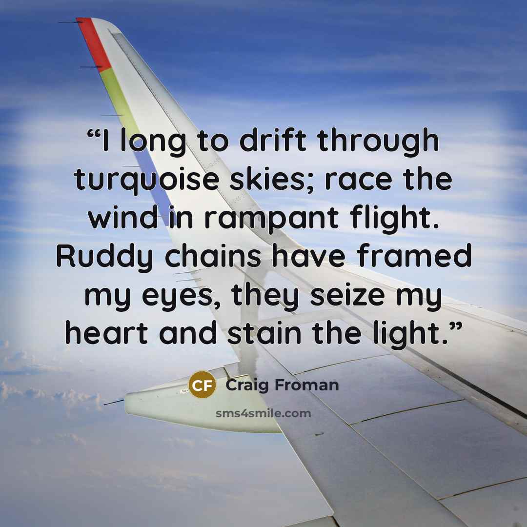 “I long to drift through turquoise skies; race the wind in rampant flight. Ruddy chains have framed my eyes, they seize my heart and stain the light.” quote by Craig Froman