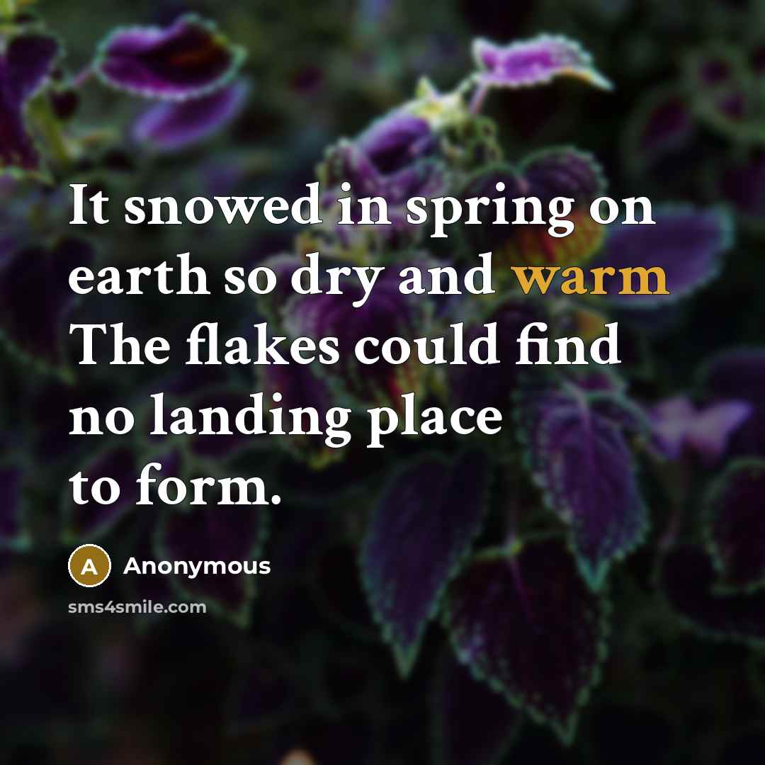 “It snowed in spring on earth so dry and warm The flakes could find no landing place to form.” quote by Anonymous