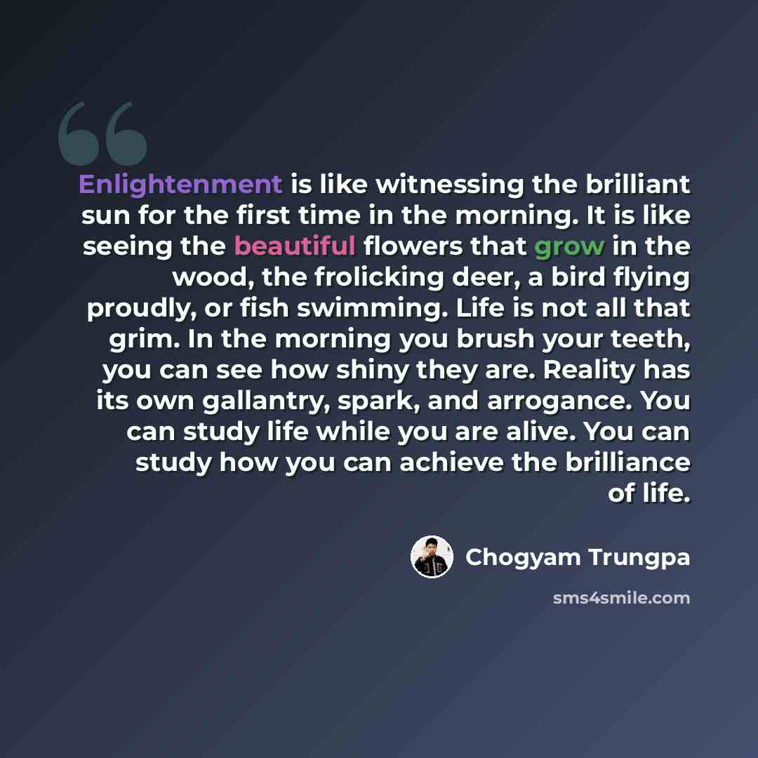 “Enlightenment is like witnessing the brilliant sun for the first time in the morning. It is like seeing the beautiful flowers that grow in the wood, the frolicking deer, a bird flying proudly, or fish swimming. Life is not all that grim. In the morning you brush your teeth, you can see how shiny…” quote by Chogyam Trungpa