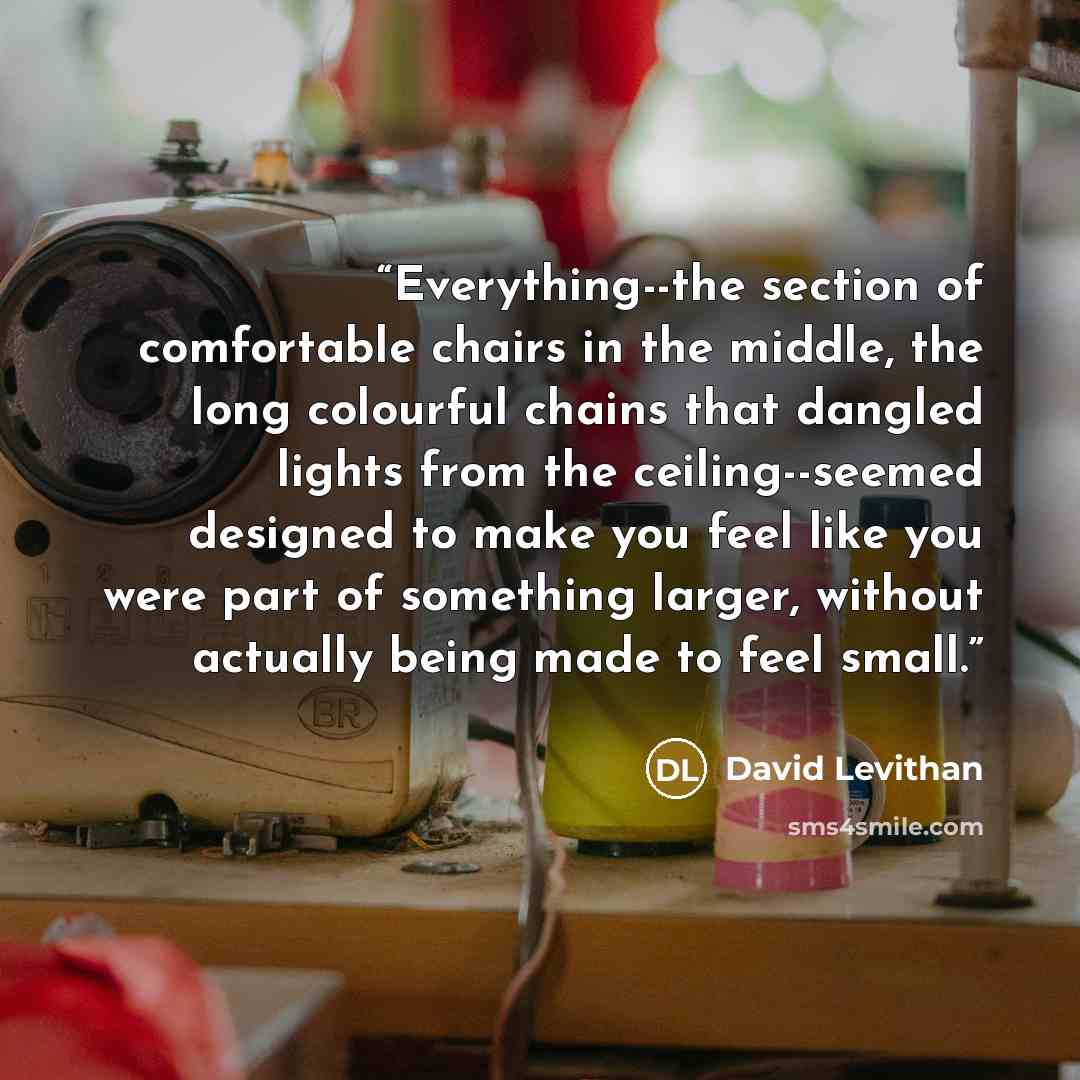 “Everything--the section of comfortable chairs in the middle, the long colourful chains that dangled lights from the ceiling--seemed designed to make you feel like you were part of something larger, without actually being made to feel small.” quote by David Levithan