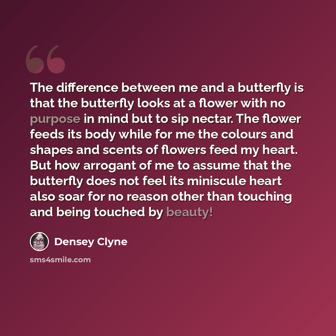 “The difference between me and a butterfly is that the butterfly looks at a flower with no purpose in mind but to sip nectar. The flower feeds its body while for me the colours and shapes and scents of flowers feed my heart. But how arrogant of me to assume that the butterfly does not feel its…” quote by Densey Clyne