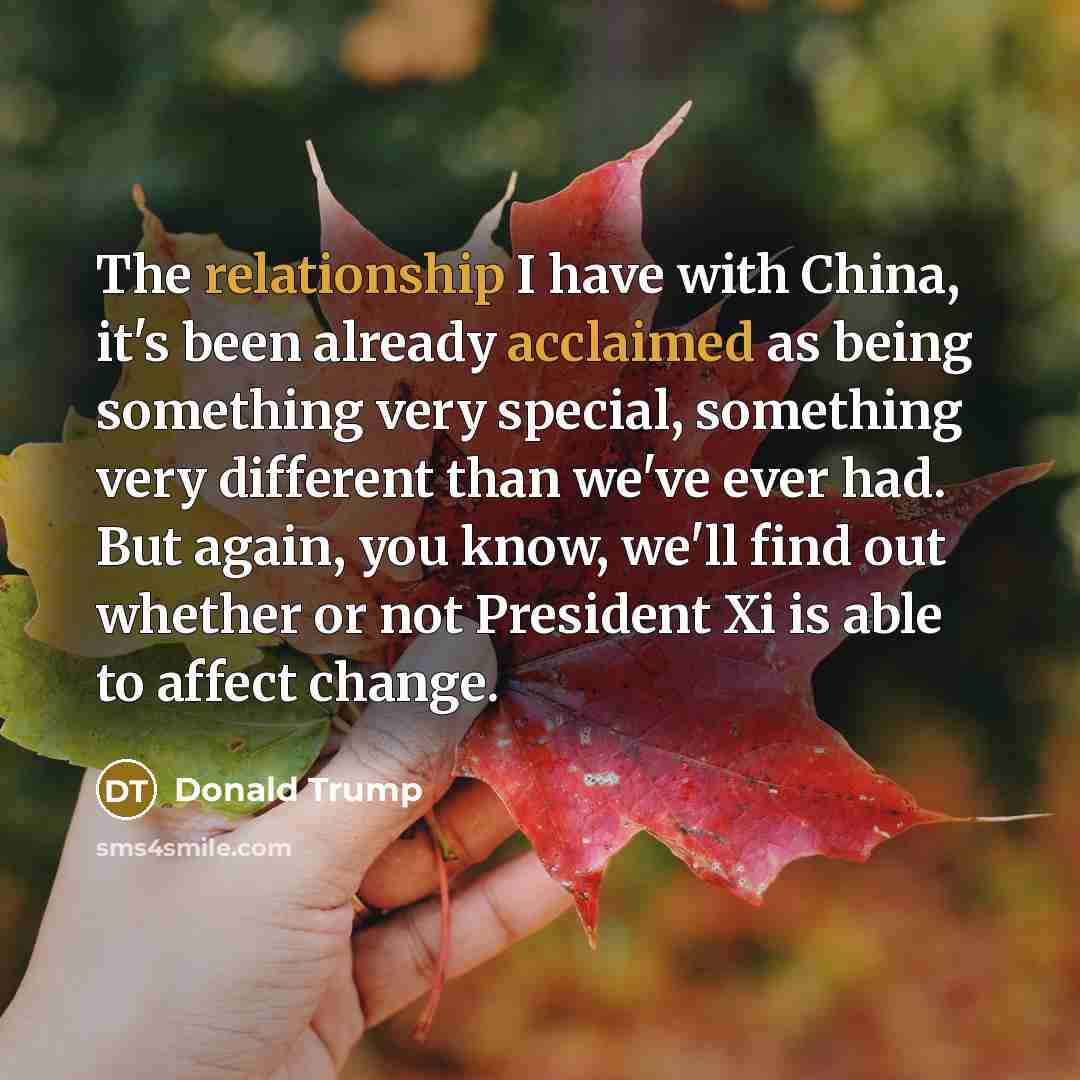 “The relationship I have with China, it's been already acclaimed as being something very special, something very different than we've ever had. But again, you know, we'll find out whether or not President Xi is able to affect change.” quote by Donald Trump