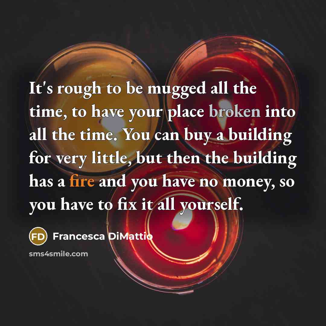“It's rough to be mugged all the time, to have your place broken into all the time. You can buy a building for very little, but then the building has a fire and you have no money, so you have to fix it all yourself.” quote by Francesca DiMattio