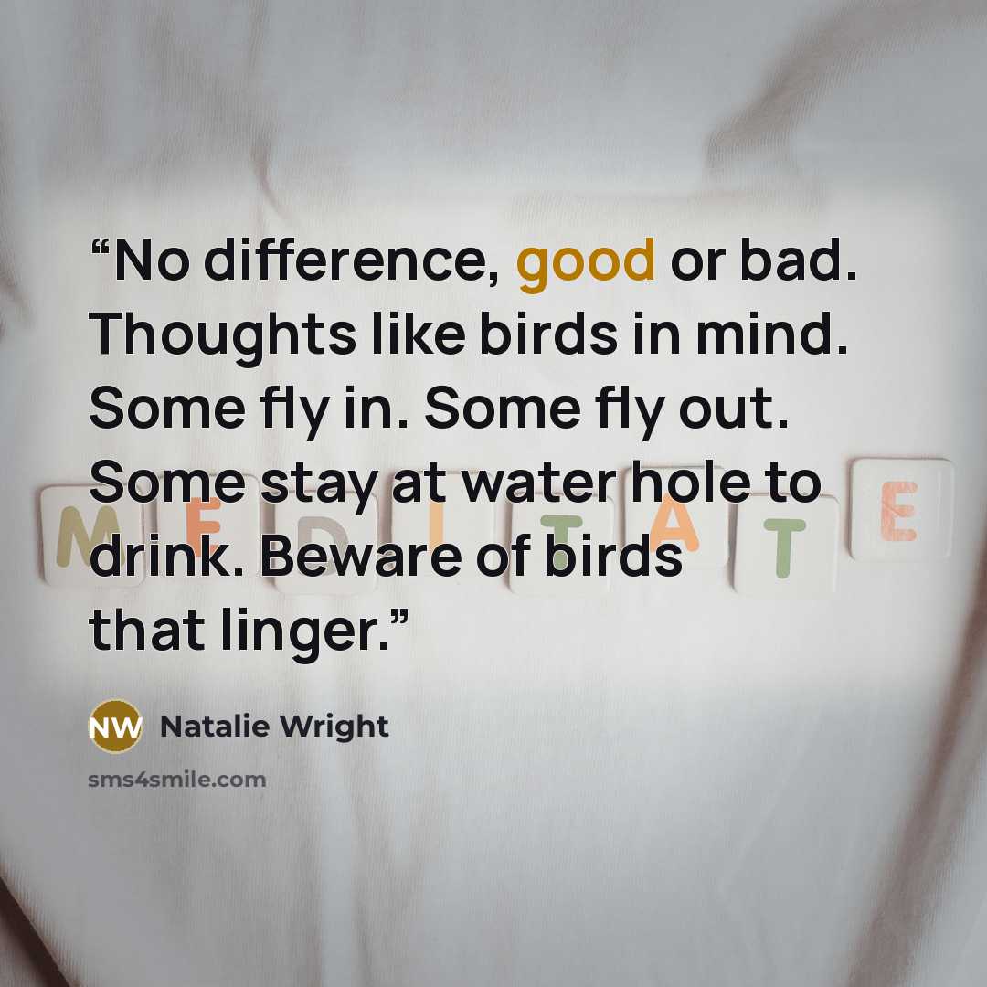 “No difference, good or bad. Thoughts like birds in mind. Some fly in. Some fly out. Some stay at water hole to drink. Beware of birds that linger.” quote by Natalie Wright