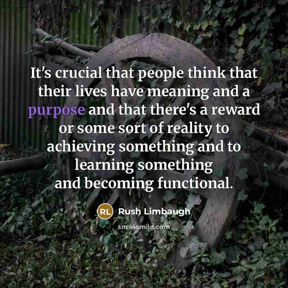 “It's crucial that people think that their lives have meaning and a purpose and that there's a reward or some sort of reality to achieving something and to learning something and becoming functional.” quote by Rush Limbaugh