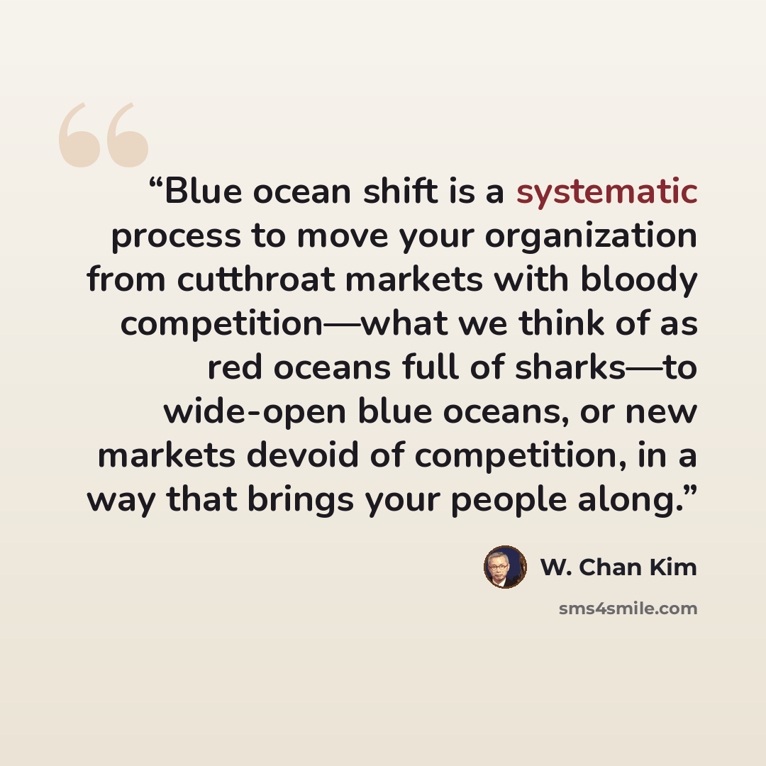 “Blue ocean shift is a systematic process to move your organization from cutthroat markets with bloody competition—what we think of as red oceans full of sharks—to wide-open blue oceans, or new markets devoid of competition, in a way that brings your people along.” quote by W. Chan Kim