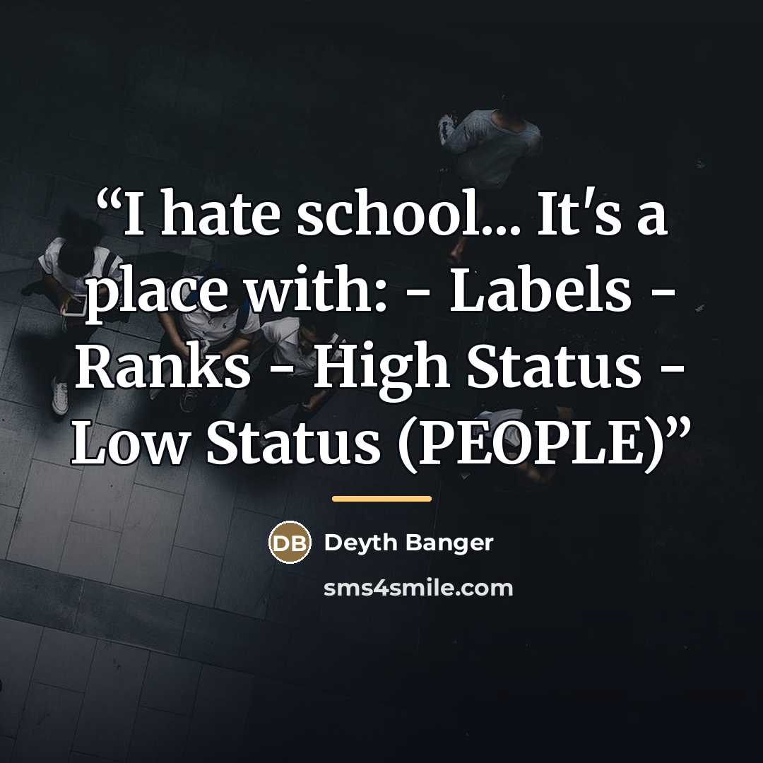 “I hate school... It's a place with: - Labels - Ranks - High Status - Low Status (PEOPLE)” quote by Deyth Banger