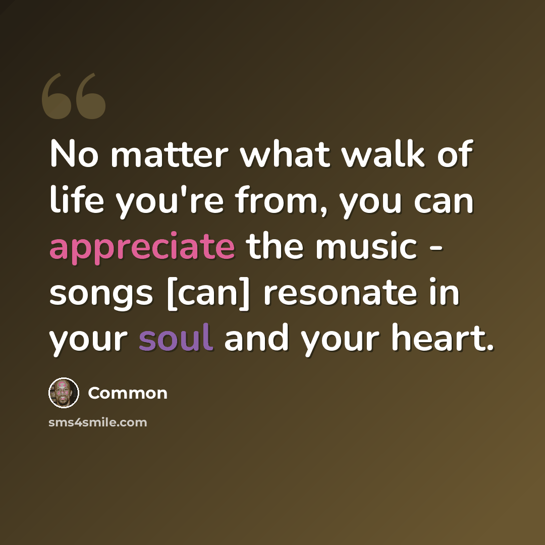 “No matter what walk of life you're from, you can appreciate the music - songs [can] resonate in your soul and your heart.” quote by Common