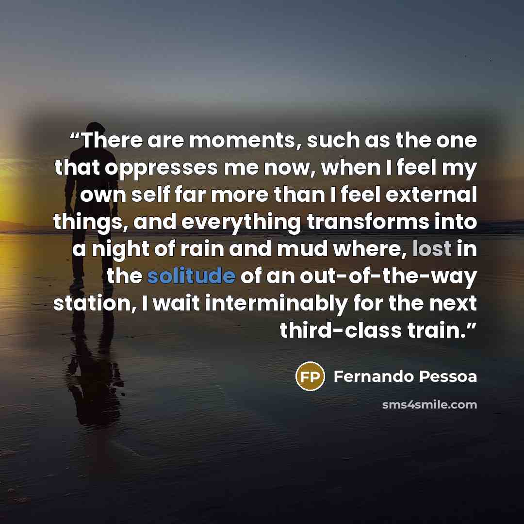 “There are moments, such as the one that oppresses me now, when I feel my own self far more than I feel external things, and everything transforms into a night of rain and mud where, lost in the solitude of an out-of-the-way station, I wait interminably for the next third-class train.” quote by Fernando Pessoa