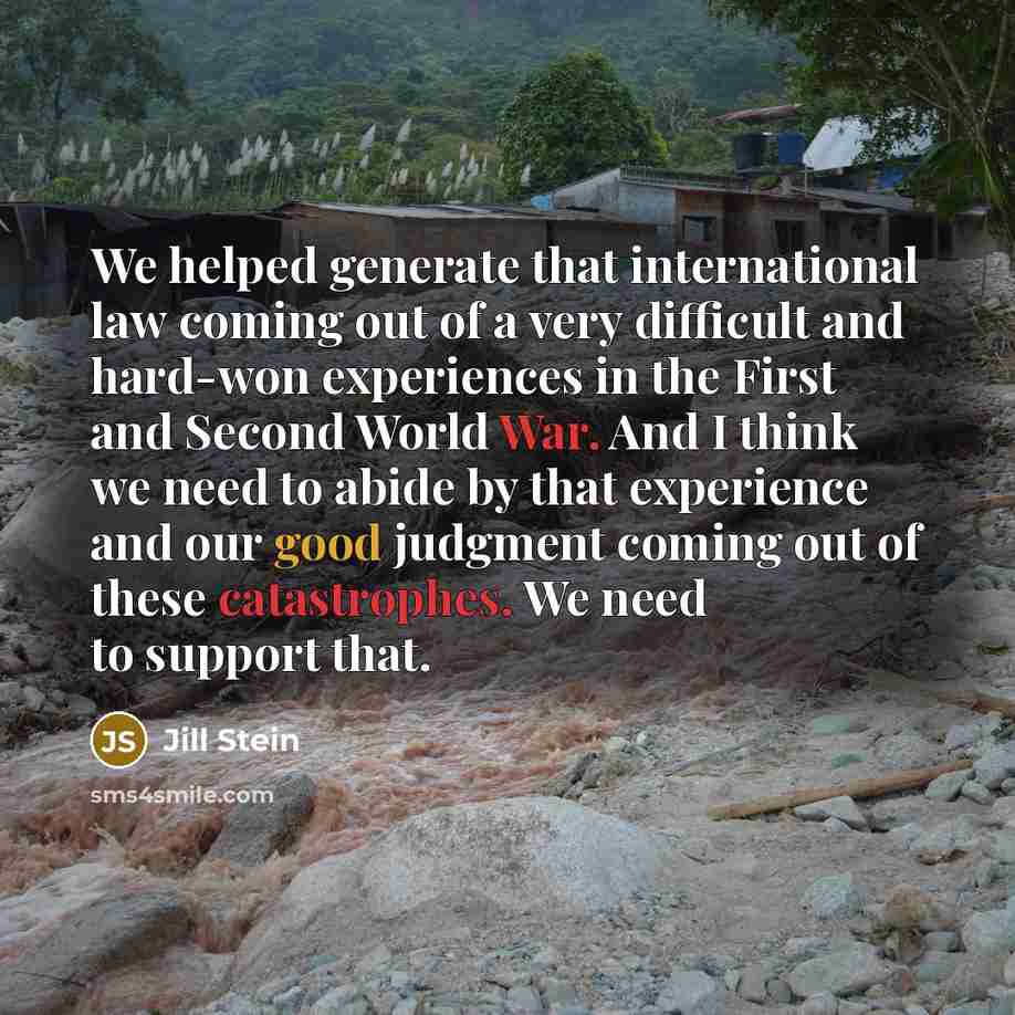 “We helped generate that international law coming out of a very difficult and hard-won experiences in the First and Second World War. And I think we need to abide by that experience and our good judgment coming out of these catastrophes. We need to support that.” quote by Jill Stein