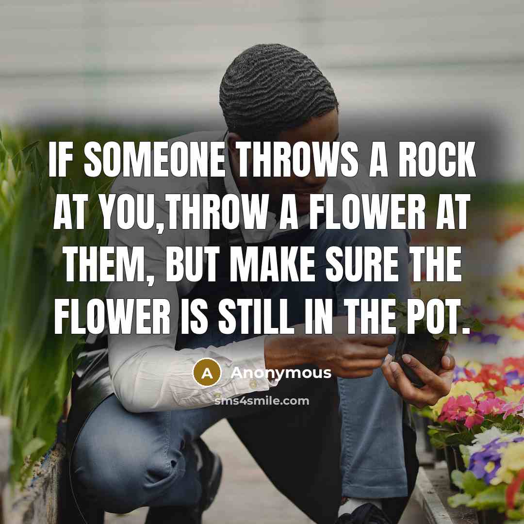 “If someone throws a rock at you,throw a flower at them, but make sure the flower is still in the pot.” quote by Anonymous