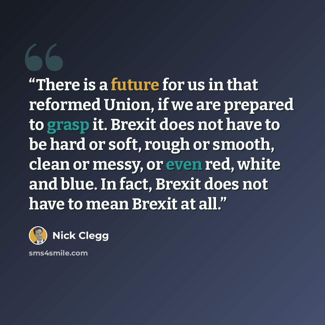 “There is a future for us in that reformed Union, if we are prepared to grasp it. Brexit does not have to be hard or soft, rough or smooth, clean or messy, or even red, white and blue. In fact, Brexit does not have to mean Brexit at all.” quote by Nick Clegg