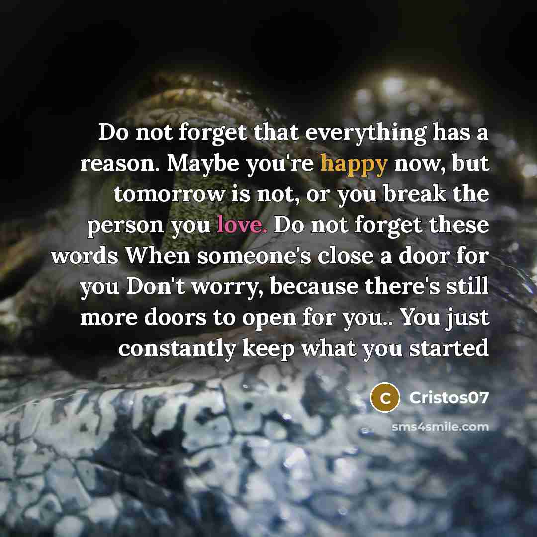“Do not forget that everything has a reason. Maybe you're happy now, but tomorrow is not, or you break the person you love. Do not forget these words When someone's close a door for you Don't worry, because there's still more doors to open for you.. You just constantly keep what you started” quote by Cristos07