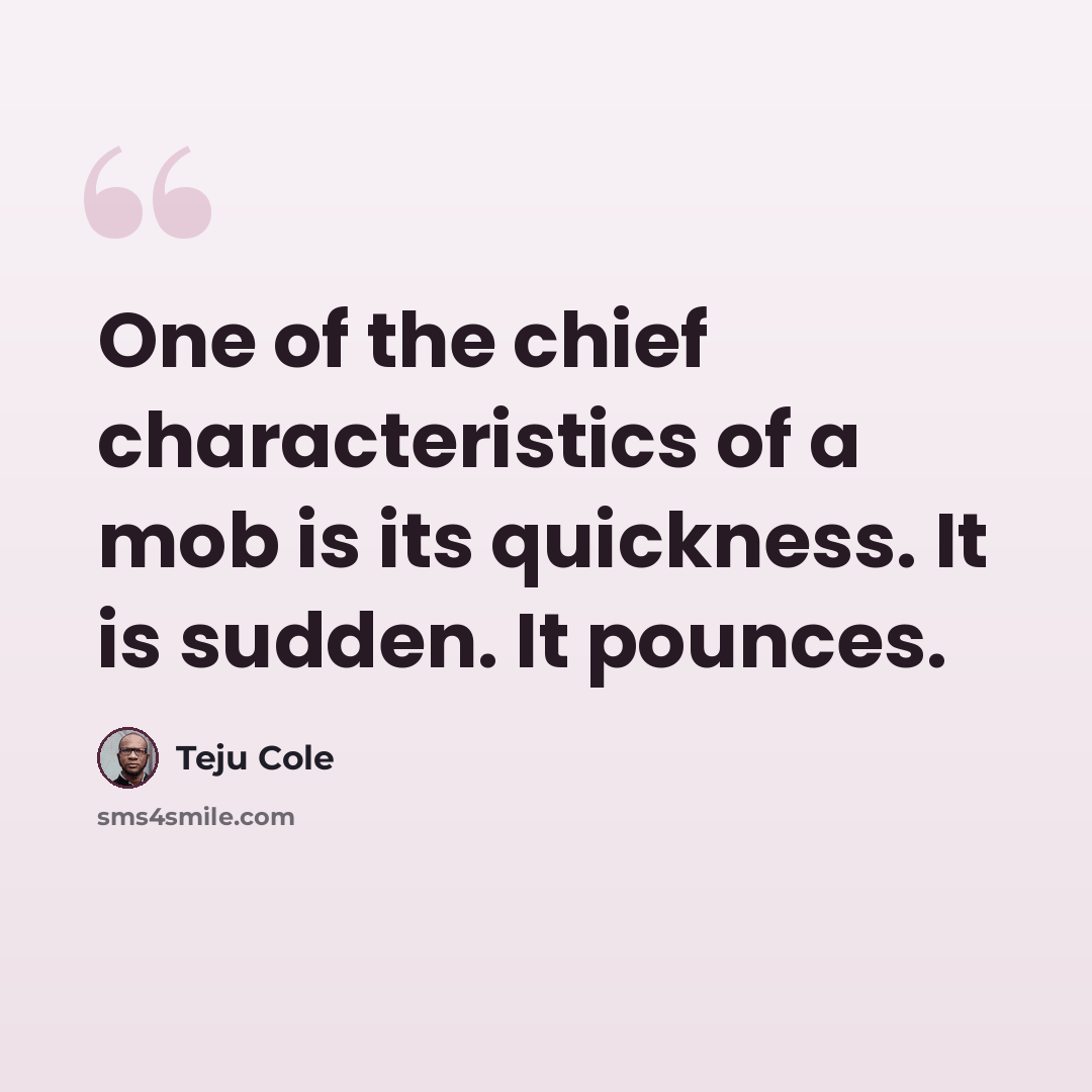 “One of the chief characteristics of a mob is its quickness. It is sudden. It pounces.” quote by Teju Cole