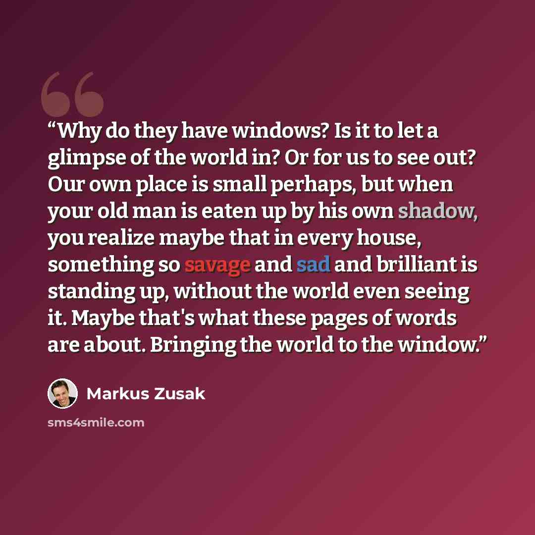 “Why do they have windows? Is it to let a glimpse of the world in? Or for us to see out? Our own place is small perhaps, but when your old man is eaten up by his own shadow, you realize maybe that in every house, something so savage and sad and brilliant is standing up, without the world even…” quote by Markus Zusak