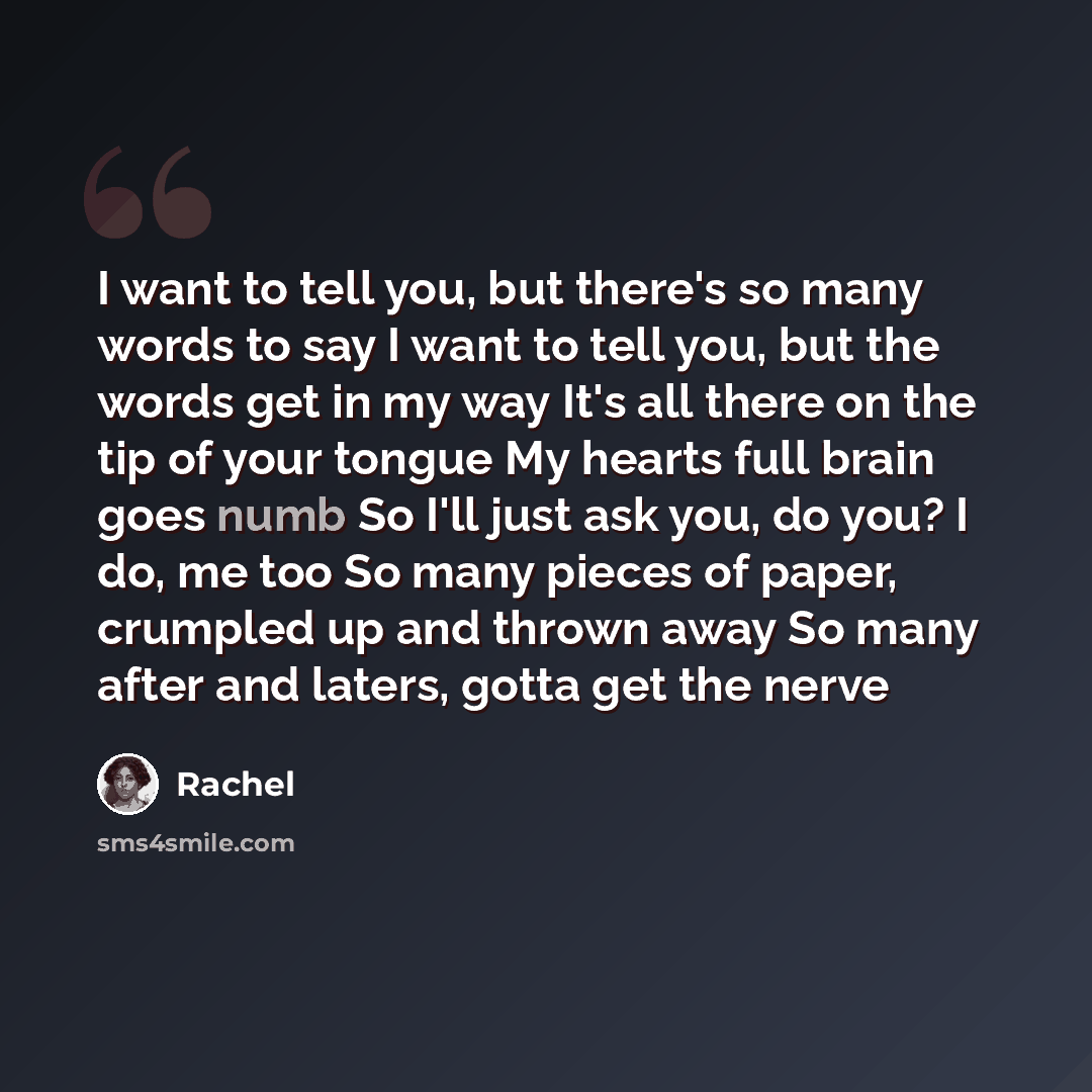 “I want to tell you, but there's so many words to say I want to tell you, but the words get in my way It's all there on the tip of your tongue My hearts full brain goes numb So I'll just ask you, do you? I do, me too So many pieces of paper, crumpled up and thrown away So many after and laters…” quote by Rachel