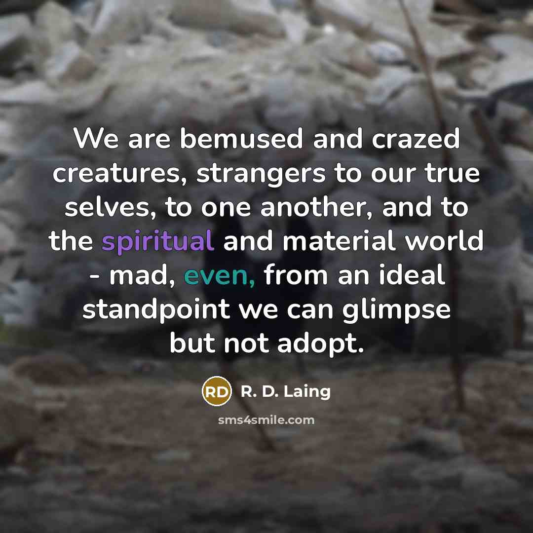 “We are bemused and crazed creatures, strangers to our true selves, to one another, and to the spiritual and material world - mad, even, from an ideal standpoint we can glimpse but not adopt.” quote by R. D. Laing
