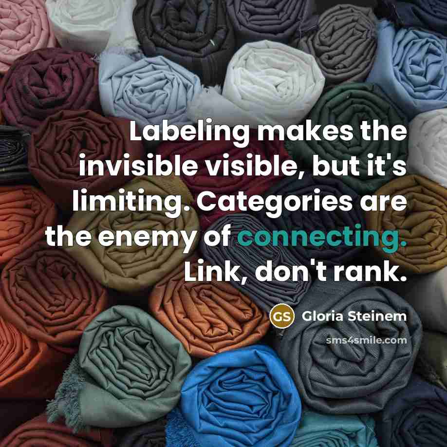 “Labeling makes the invisible visible, but it's limiting. Categories are the enemy of connecting. Link, don't rank.” quote by Gloria Steinem