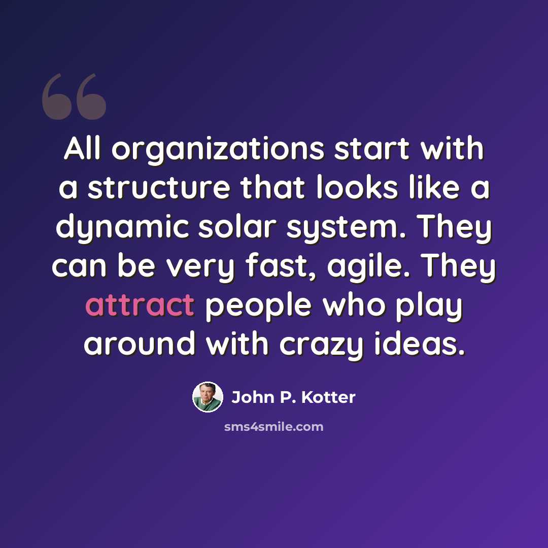 “All organizations start with a structure that looks like a dynamic solar system. They can be very fast, agile. They attract people who play around with crazy ideas.” quote by John P. Kotter