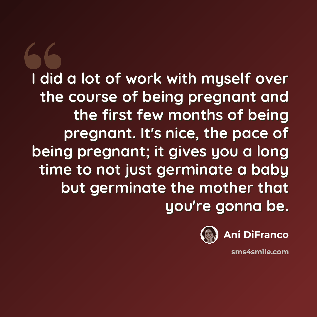 “I did a lot of work with myself over the course of being pregnant and the first few months of being pregnant. It's nice, the pace of being pregnant; it gives you a long time to not just germinate a baby but germinate the mother that you're gonna be.” quote by Ani DiFranco