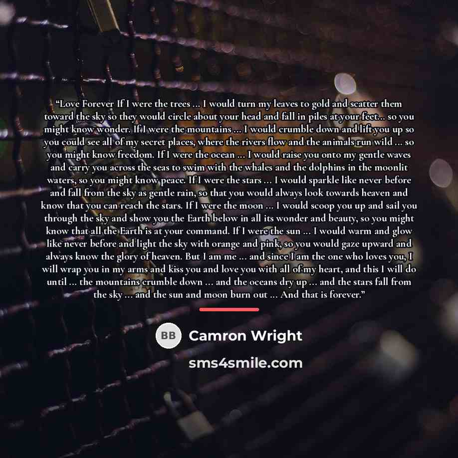 “Love Forever If I were the trees ... I would turn my leaves to gold and scatter them toward the sky so they would circle about your head and fall in piles at your feet... so you might know wonder. If I were the mountains ... I would crumble down and lift you up so you could see all of my secret…” quote by Camron Wright