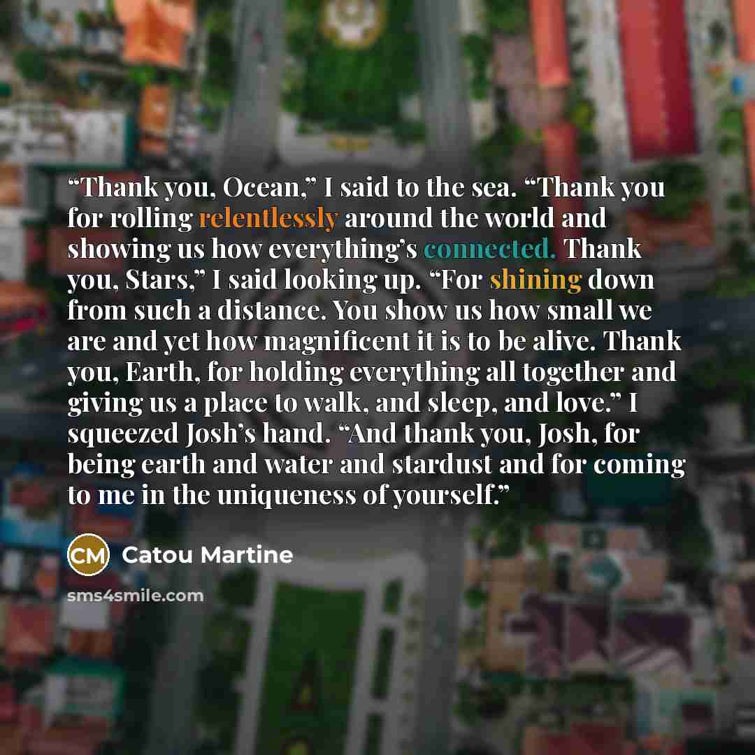 “Thank you, Ocean,” I said to the sea. “Thank you for rolling relentlessly around the world and showing us how everything’s connected. Thank you, Stars,” I said looking up. “For shining down from such a distance. You show us how small we are and yet how magnificent it is to be alive. Thank you…” quote by Catou Martine
